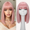 Pink Short Straight Synthetic Wig with Bangs - 14 Inch Bob Hair for Women, Cosplay & Daily Wear - Usweety