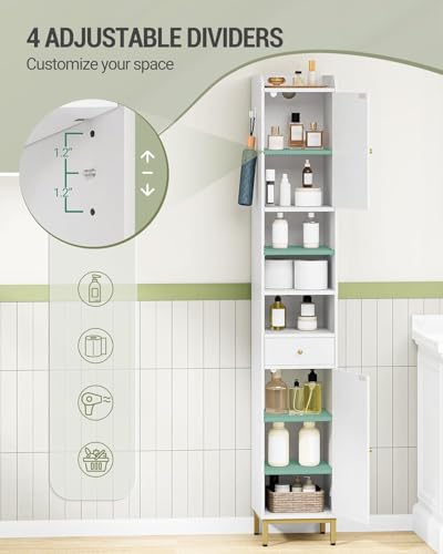 White Tall Bathroom Cabinet with Adjustable Shelves & Drawer - 11"D x 11"W x 70.9"H