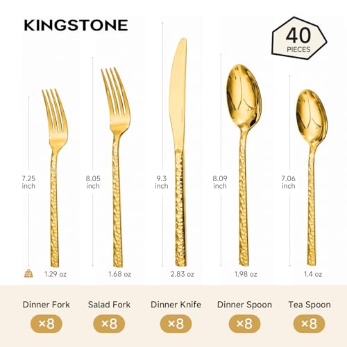 Gold Flatware Set for 8 - 40-Piece Hammered Stainless Steel Cutlery
