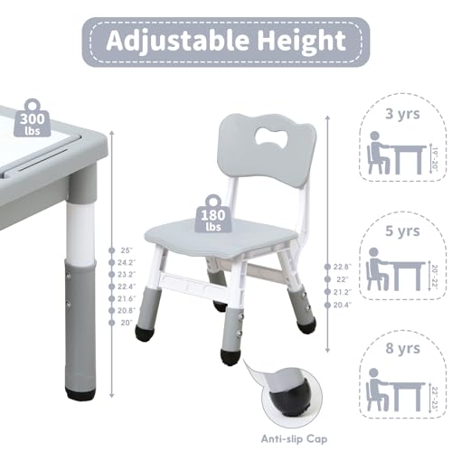 Kids 4-in-1 Table and 2 Chairs Set with Storage & Reversible Surface - Light Gray