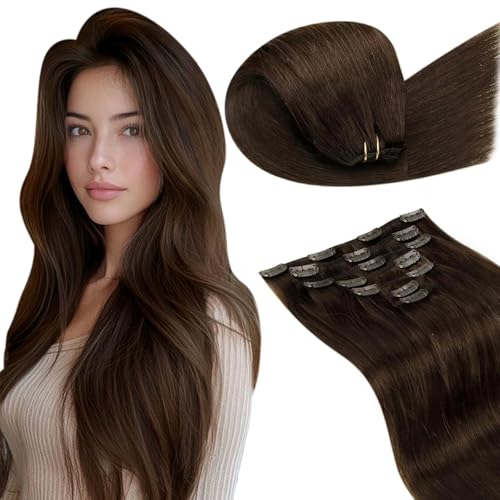 Clip-In Hair Extensions Real Human Hair Silky Straight 14 Inch Light Chocolate Brown - 120g 7Pcs