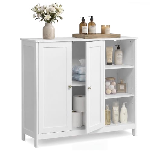 VASAGLE Bathroom Floor Cabinet with Adjustable Shelves - Cloud White, 2 Doors + 3 Open Shelves