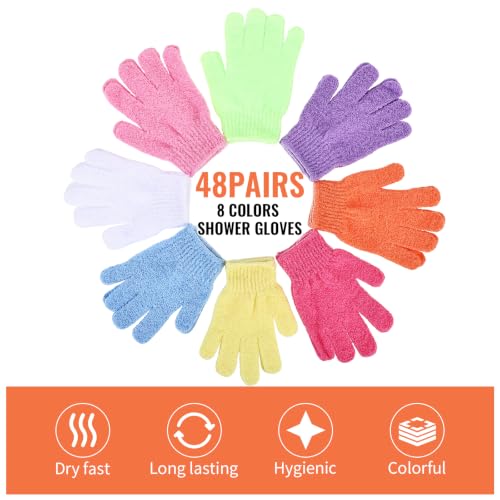 Colorful Bulk Exfoliating Gloves for Body - 48 Pairs, Reusable Shower Mitts for Men Women, Spa & Home Use, 1 Pack of 98