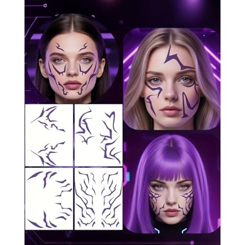 7 Sheets Movie Anime Purple Temporary Tattoos Cosplay Tattoo Stickers Halloween Cosplay Tattoos Stickers Dance Cosplay Tattoos Halloween Cosplay Accessories Party Prop