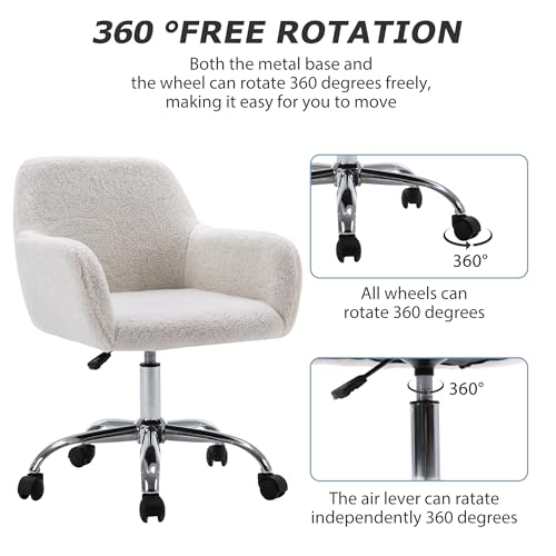 KCC Faux Fur Makeup Vanity Chair White Plush with Wheels and Adjustable Height
