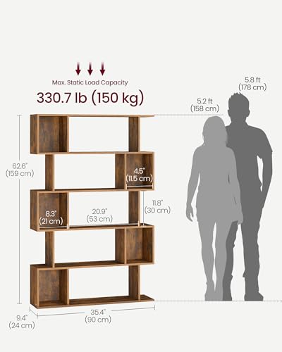 VASAGLE 5-Tier Bookcase Rustic Brown, Open Shelving 35.4 x 9.4 x 62.6 Inches