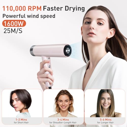 Foldable Hair Dryer with Negative Ions - Pink, High-Speed 110K RPM Ionic Blow Dryer for Fast Drying