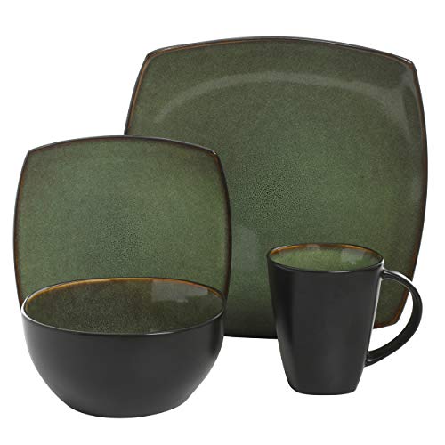 Gibson Soho Lounge 16-Piece Dinnerware Set for 4, Green - Modern Square Stoneware
