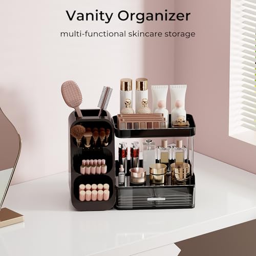 Makeup Organizer for Vanity with Brush Holder, 2 Tiers Countertop Skincare and Cologne Organizer for Bathroom Vanity, Large Capacity Makeup Storage, Black