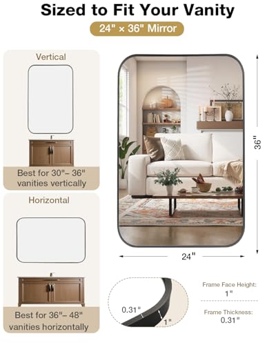24x36 Inch Brushed Gold Rectangle Bathroom Mirror - Modern Over Sink Vanity with Rounded Corners (Variation of THIS listing)