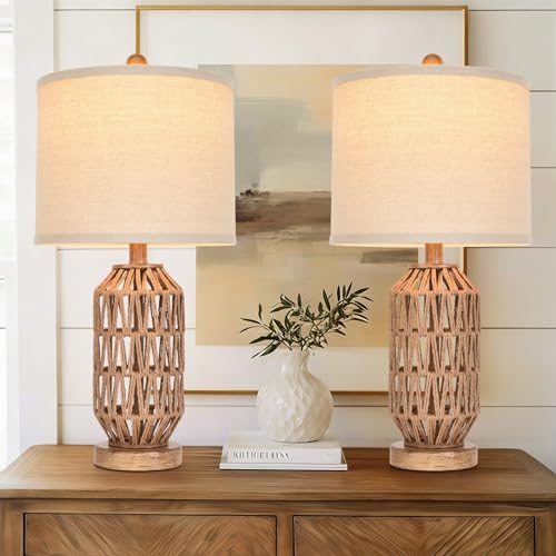 Set of 2 Rattan & Fabric Drum Shade Table Lamps - Boho Coastal Home Decor