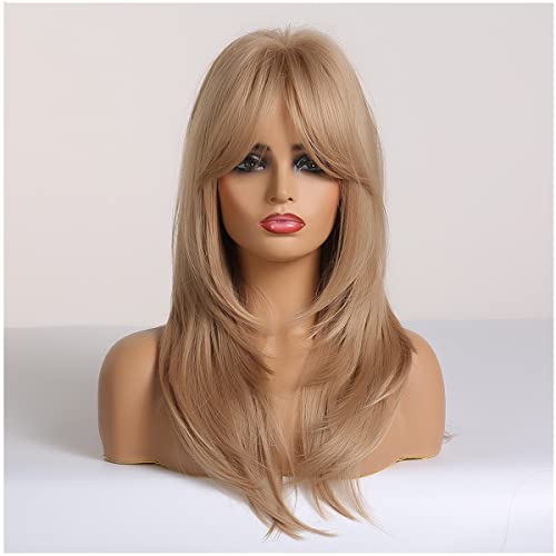 Long Strawberry Blonde Wig for Women & Girls - 23 Inch Layered Cosplay Hair with Bangs - Heat Resistant Synthetic Fiber