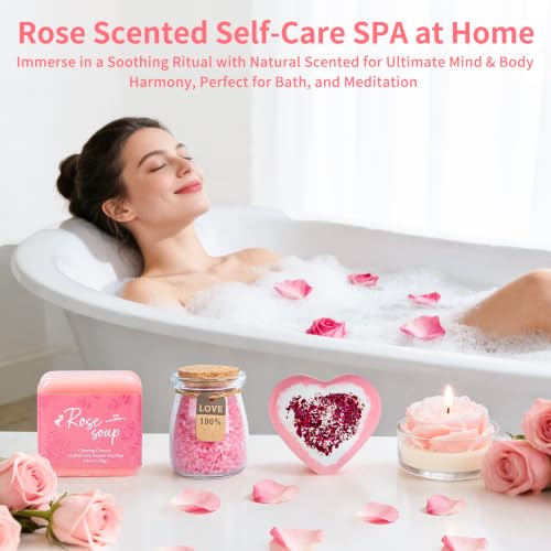 ATOMAKER Pink Rose Self-Care Gift Basket Set for Women, Relaxation Spa Collection