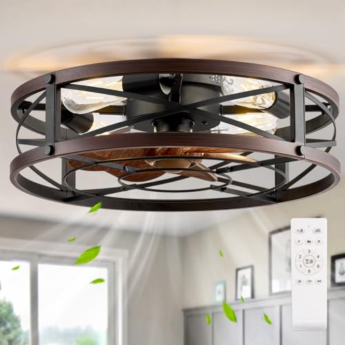 20-Inch Caged Ceiling Fan with Light and Remote Control - Brown & Black Variations