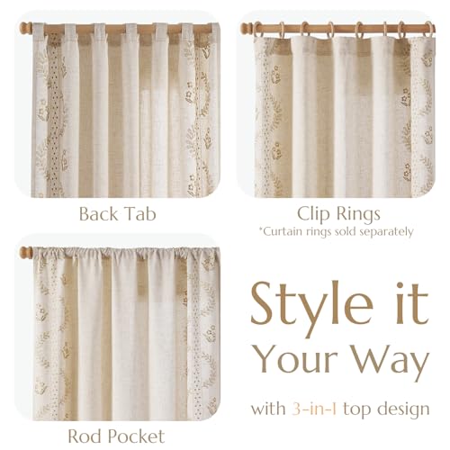 Farmhouse Linen Curtains with Floral Embroidery - 2 Panels, 63 Inch Length
