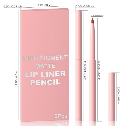 6 Pcs Retractable Natural Nude Beige Colors Lip Liner Lipstick Pencils Set for Shaping & Sculpting Lips,Mauve Maroon Dark Red Orange Chocolate Plum Creamy Matte Velvet Pigmented Crayon