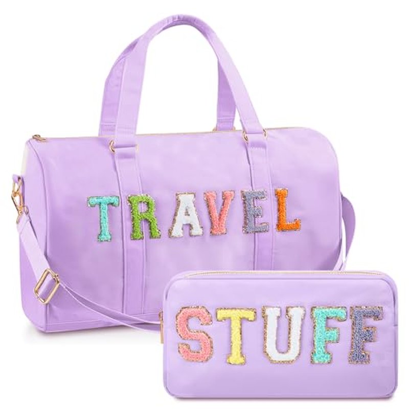 2 Pcs Travel Preppy Duffle Bag and Chenille Letter Makeup Pouch Cosmetic Zipper Patch Weekender Carry on Tote Bag for Women(Light Purple)