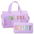 2 Pcs Travel Preppy Duffle Bag and Chenille Letter Makeup Pouch Cosmetic Zipper Patch Weekender Carry on Tote Bag for Women(Light Purple)