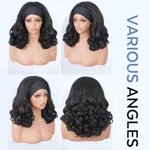 Yaki Curly Headband Wig for Black Women - 16 Inch, Black-5, 180% Density, Glueless, Curly Ends