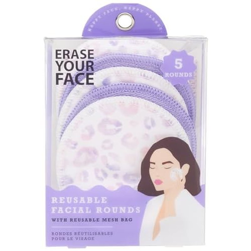 Erase Your Face Reusable Makeup Removing Facial Rounds - Purple, Pink Lepoard Print (Pack of 5)