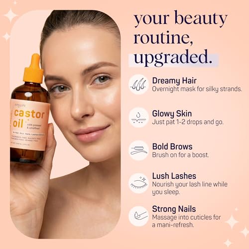 SpaLife Organic Cold Pressed Castor Oil for Face, Brows, Hair, Skin, Nails, & Lashes | Hexane Free Cold Pressed Castor Oil & 2x Brow Brushes, 2x Lash Line Applicators, and Dropper | 8 FL OZ