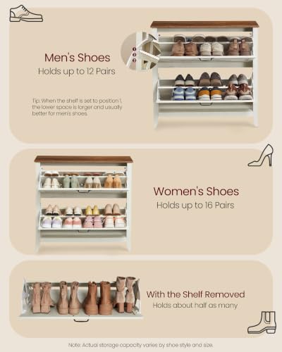 VASAGLE Farmhouse Shoe Cabinet Narrow Storage Organizer with 2 Flip Drawers - Rustic White, 9.4 x 34.3 x 34.6 inches