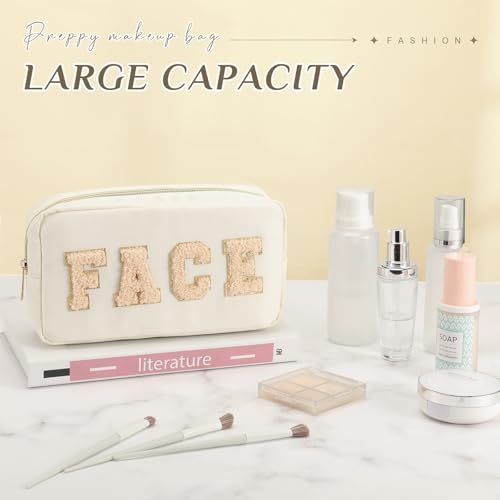 Preppy Makeup Bags Set - Chenille Letter Nylon Cosmetic Pouch Cases with Zipper, Apricot Color, Classic Style, 4 Pieces