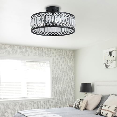 16-inch Black Crystal Ceiling Light with 3 E26 Sockets Modern Semi-Flush Mount Fixture for Living Room Bedroom Kitchen