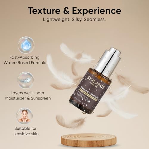 Streamis Skincare: Vitamin C + Green Tea Hydrating & Brightening Face Serum - With Niacinamide, Vitamin E, Hyaluronic Acid, Ferulic Acid & Powerful Botanical Extract Blend, Fragrance Free, 30ml.