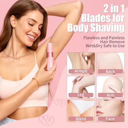 Bikini Trimmer for Women - Electric Razors for Women 2 in 1 Painless IPX7 Waterproof Rechargeable LED Dual Head Electric Shaver for Lady Bikini Underarm, Body, Leg, Face Hair Remove