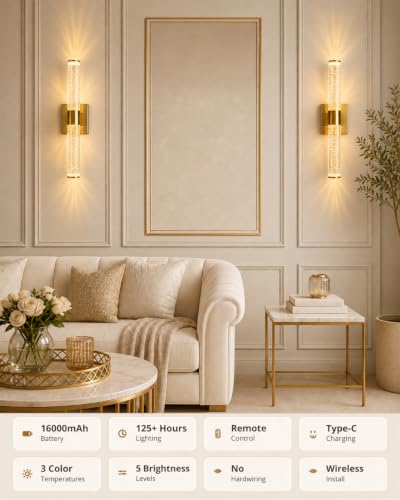 Guwikou Gold 15.7 Inch Battery Operated Wall Sconces Set of Two - Dimmable Wireless Wall Lights