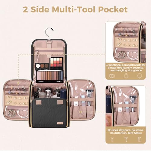 Black Hanging Toiletry & Makeup Bag with Jewelry Organizer - Travel Cosmetic Organizer