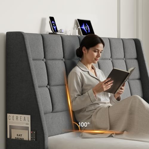 Queen Size Upholstered Headboard with Charging Station, Wingback Support