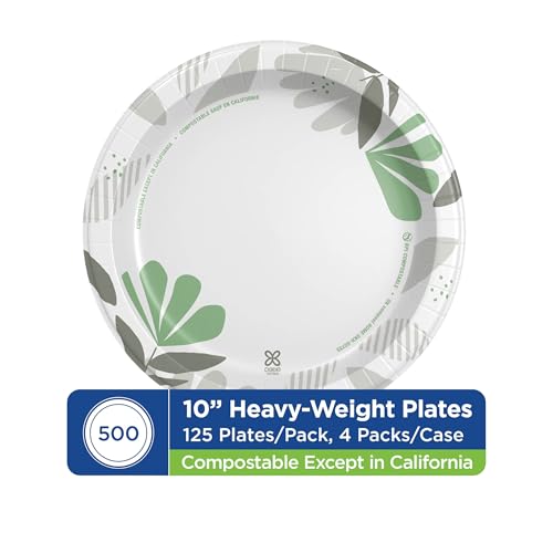 Heavy-Weight Paper Plates 10 Inch Pathways Botanical Design - 500 Count, Compostable, Microwave Safe, Strong & Sturdy