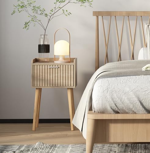 LAATOOREE Nightstand Set of 2 - Small Bedside Tables with Fluted Door, Natural/Fluted Style
