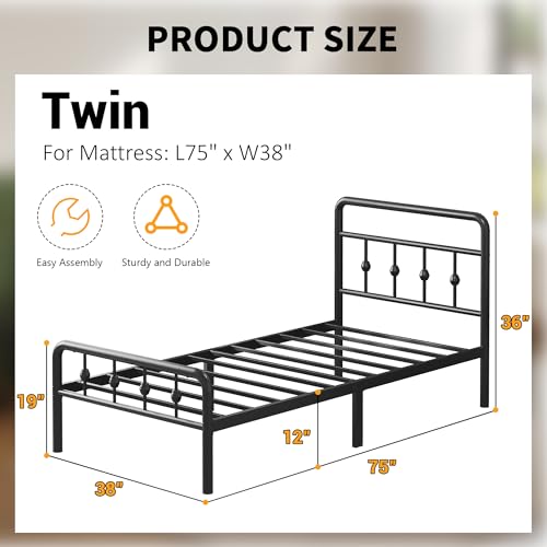 Black Twin Bed Frame with Headboard and Footboard - 12 Inch Platform Bed for Kids & Teens