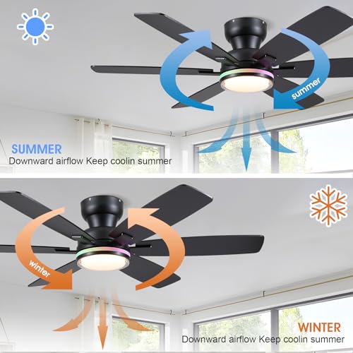 52-Inch Ceiling Fan with RGB Light & Remote - Black 6 Blades, APP Control