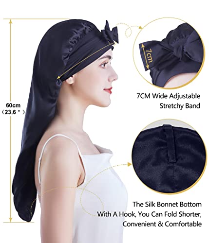 X-Large Mulberry Silk Sleep Bonnet for Curly Hair - Black, Adjustable Tie Band
