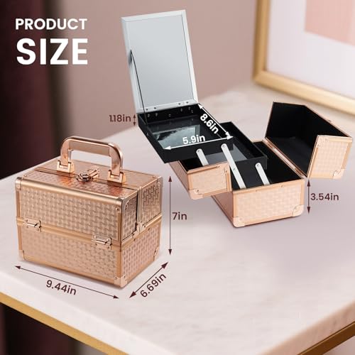 Rose Gold Makeup Case Organizer with Mirror - Travel Train Box & Storage
