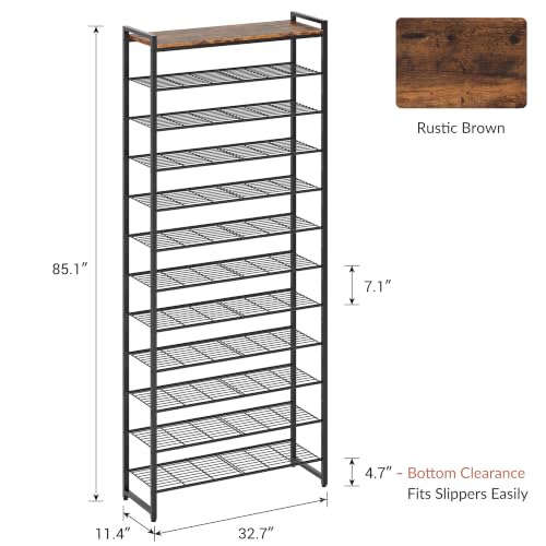 Rustic Brown and Black 12-Tier Metal Shoe Rack with Wood Top - Adjustable Boot Storage, Narrow Design for Entryway & Closet
