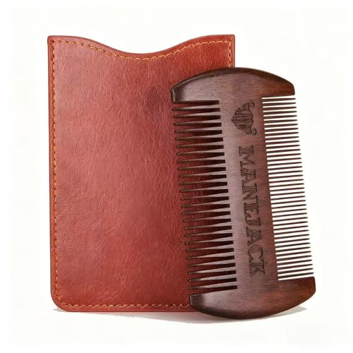 Wooden Beard Comb with Carrying Pouch - Top Pocket Combs Kit for Men - Perfect for Beard, Head hair, Mustache-Dry Use with Balms and Oils - Fine and Coarse Teeth