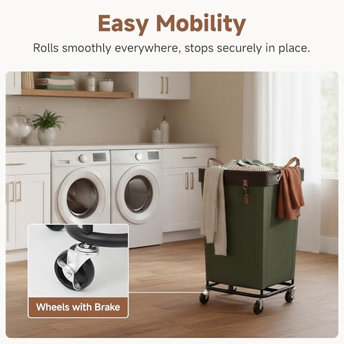 Green 160L Laundry Basket with Wheels and Soft Handle - StorageWorks