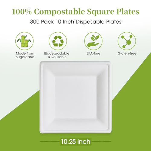 10 Inch Compostable Square Paper Plates - 300 Pack Heavy Duty Disposable Dinnerware
