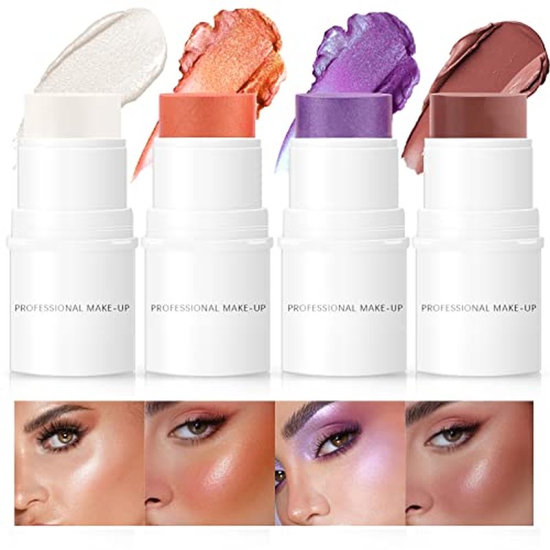 4 Colors Cream Blush Highlighter Contour Blush Stick Creamy Cosmetics Stick Set, 4 in 1 Waterproof and Long Lasting Bronze Stick Moisturizer Makeup Sticks