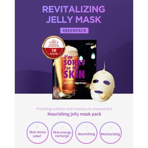 I'M SORRY FOR MY SKIN Jelly Face Mask Korean Skin Care, Fun Hydrating Sheet Masks Set, Holiday Self-Care Gifts for Women, Cute Skincare Stocking Stuffers, Pack of 10 (Beer Revitalizing Mask)