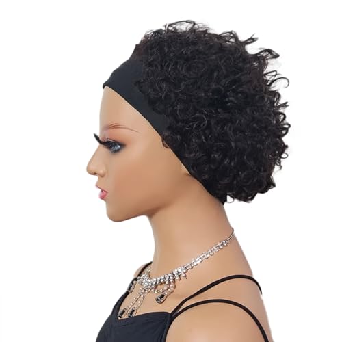 Short Curly Human Hair Headband Wig - 1B / 6 Inch, Glueless, Kinky Curly for Black Women