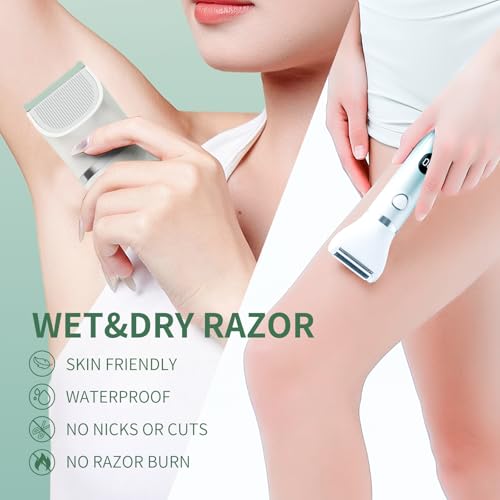 Bikini Trimmer for Women, 3-in-1 Electric Razors for Women, Waterproof Bikini Shaver Replaceable Facial, Body Trimmer for Pubic Hair, Painless Razor for Hair Trimmer Gifts for Her, Mint Green