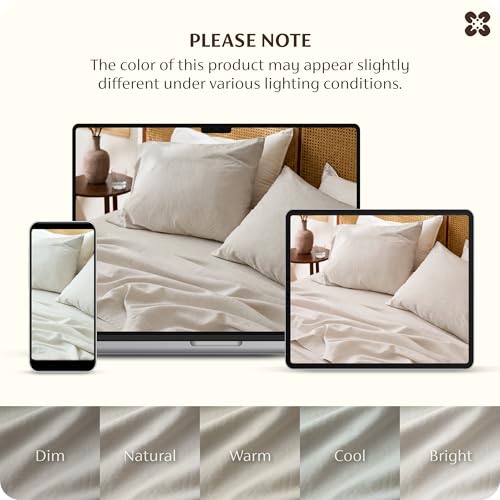 Queen Linen Beige Bed Sheets Set - Breathable Cotton-Linen Blend, 4 Pieces