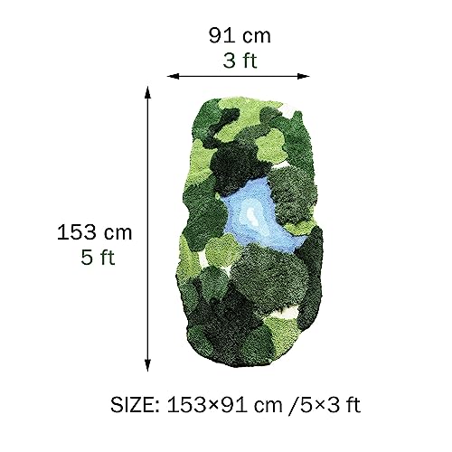3x5 Feet 3D Moss Rug with Oval Lake Variation, Non-Slip Shag Carpet Indoor Green