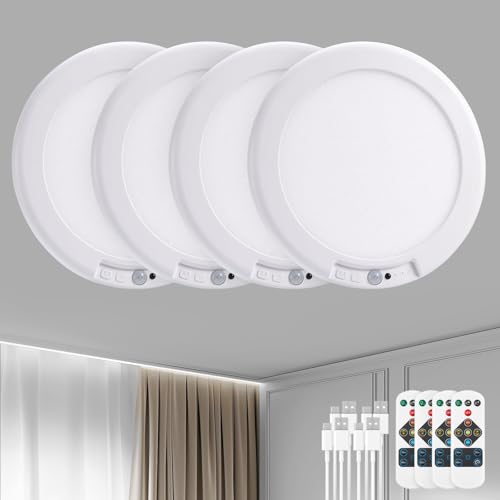 Bojim Round Rechargeable Motion Sensor Ceiling Light with Remote - Battery Operated, 4 Pack